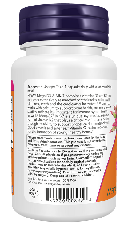 NOW Supplements, Mega D-3 & MK-7, 5000 IU / 180 mcg, 30 Caps