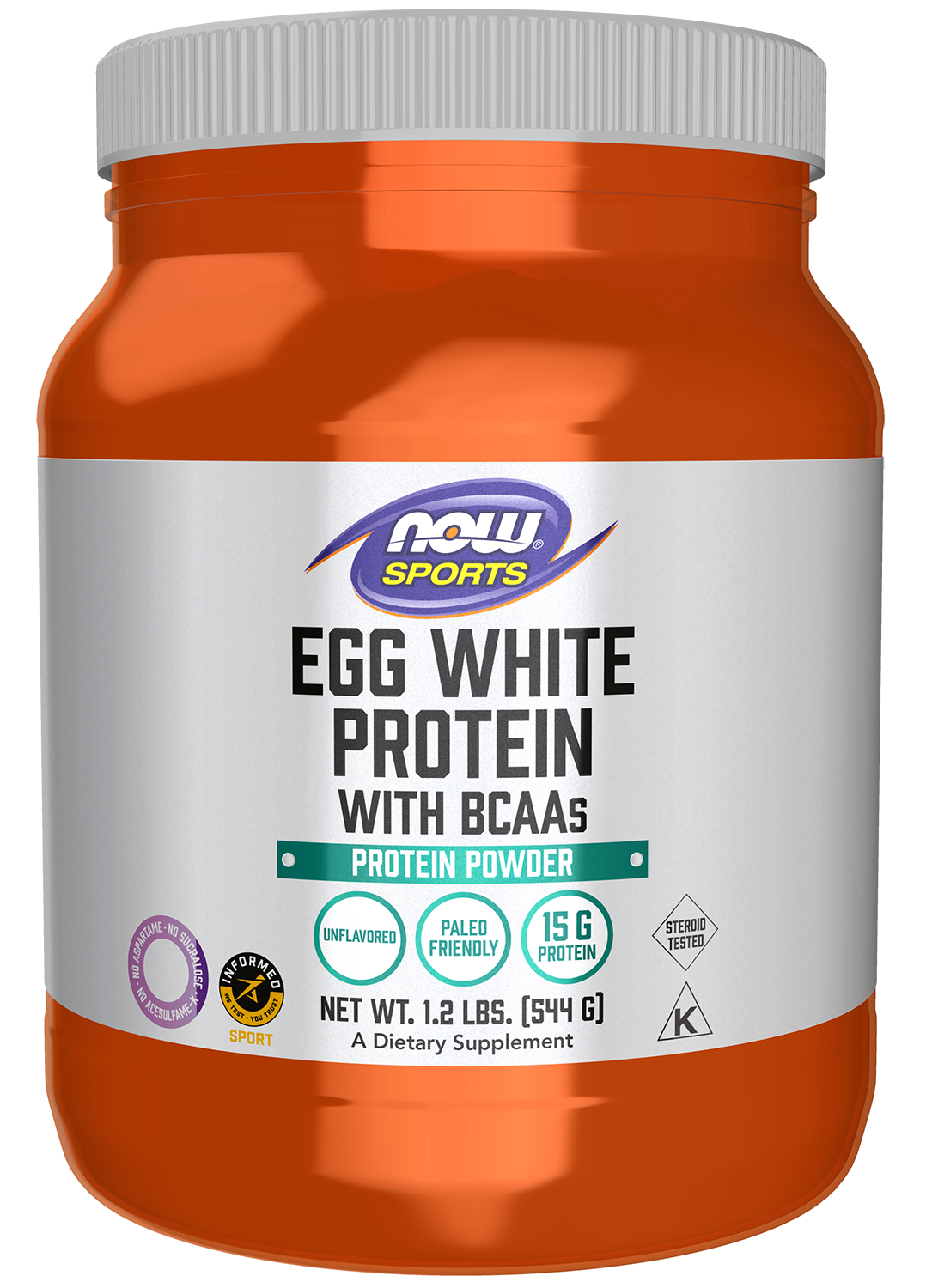 NOW Sports, Egg White Protein, 15g With BCAAs, Unflavored Powder, 1.2 lbs