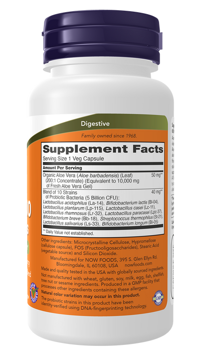 NOW Supplements, Aloe & Probiotics, 5 Billion, 10 Strains, 60 Veg Caps