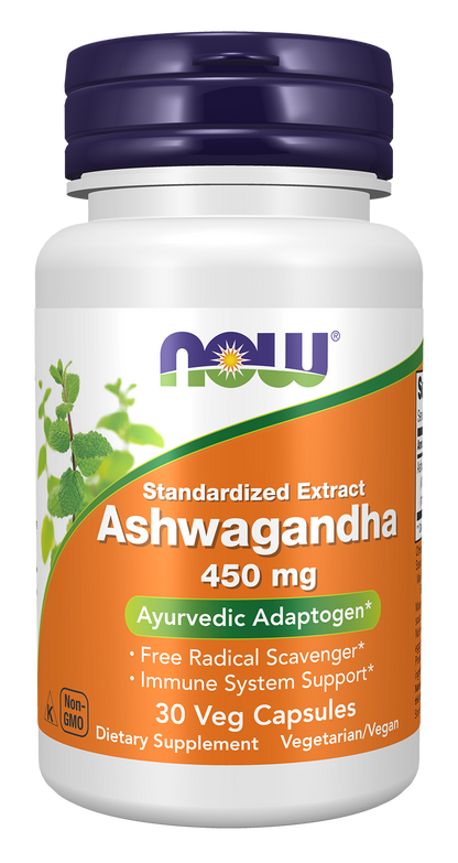 NOW Supplements, Ashwagandha (Withania somnifera) 450 mg (Standardized Extract), 30 Veg Capsules