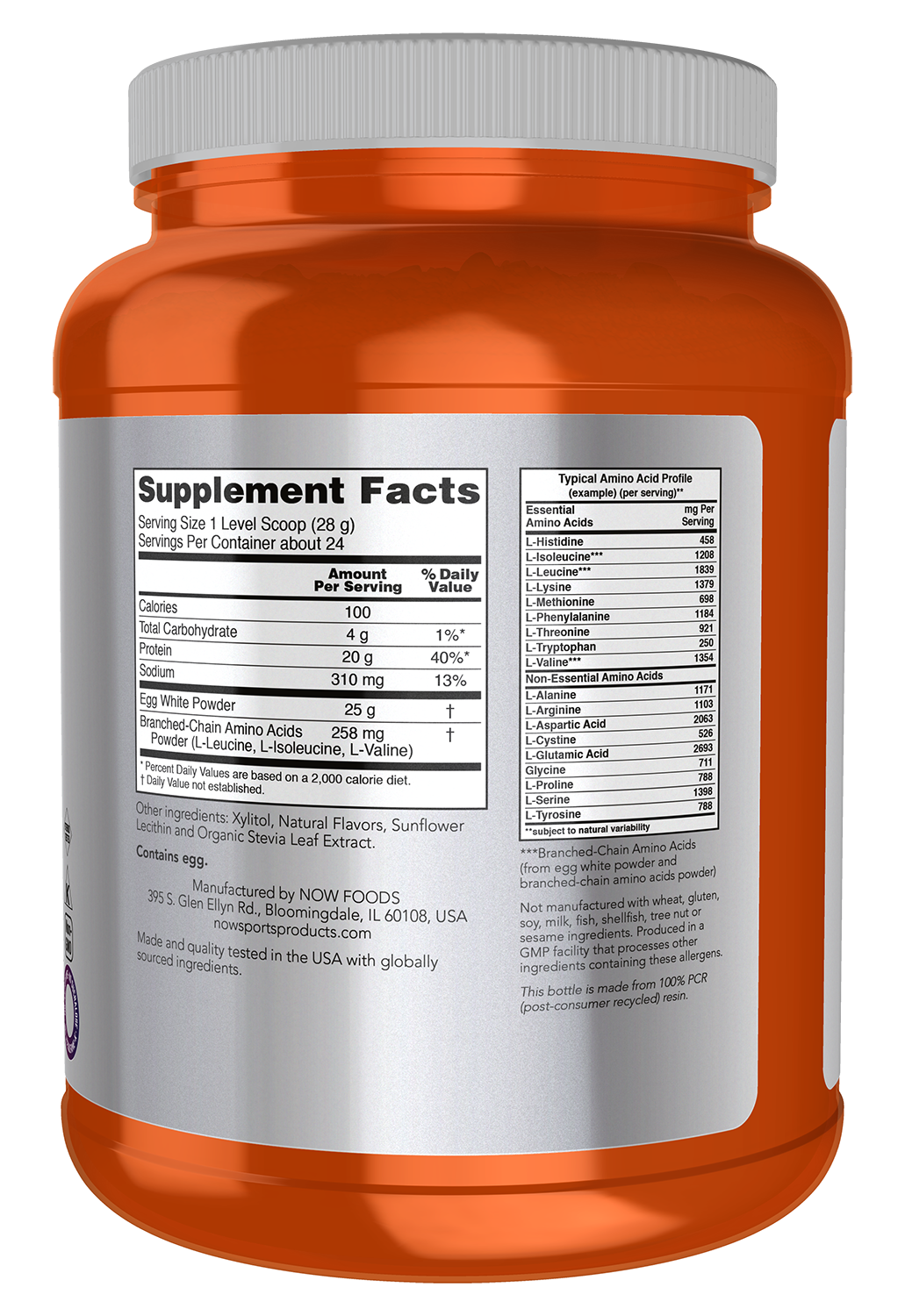 NOW Sports, Egg White Protein, 20g w/BCAAs, Creamy Vanilla Powder, 1.5 lbs
