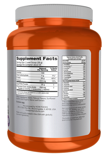 NOW Sports, Egg White Protein, 20g w/BCAAs, Creamy Vanilla Powder, 1.5 lbs