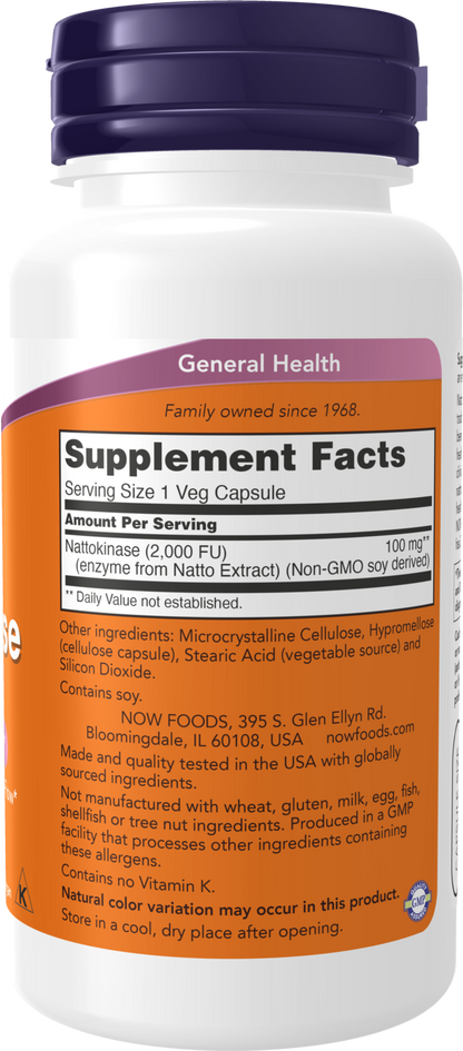 NOW Supplements, Nattokinase 100 mg (from Non-GMO Soy) with 2,000 FUs of Activity, 120 Veg Capsules