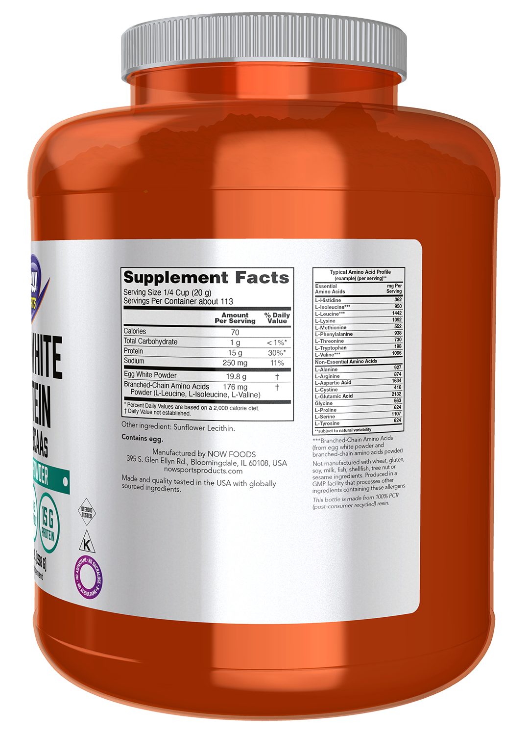 NOW Sports, Egg White Protein, 15g With BCAAs, Unflavored Powder, 5 lbs