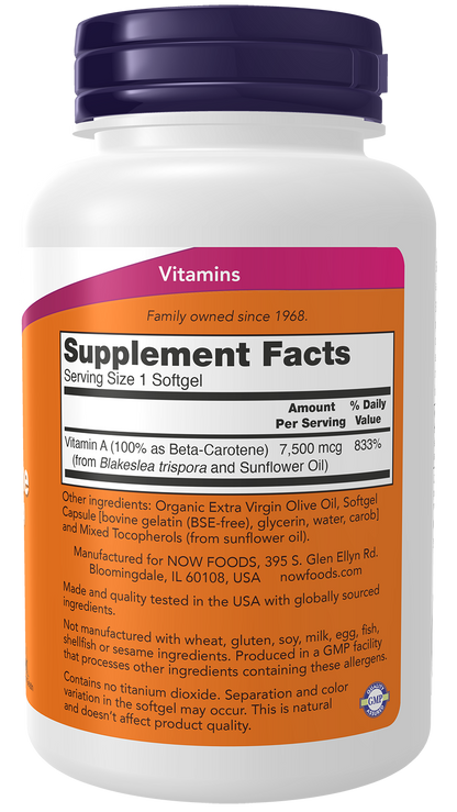 NOW Supplements, Beta Carotene 25,000 IU, 180 Softgels