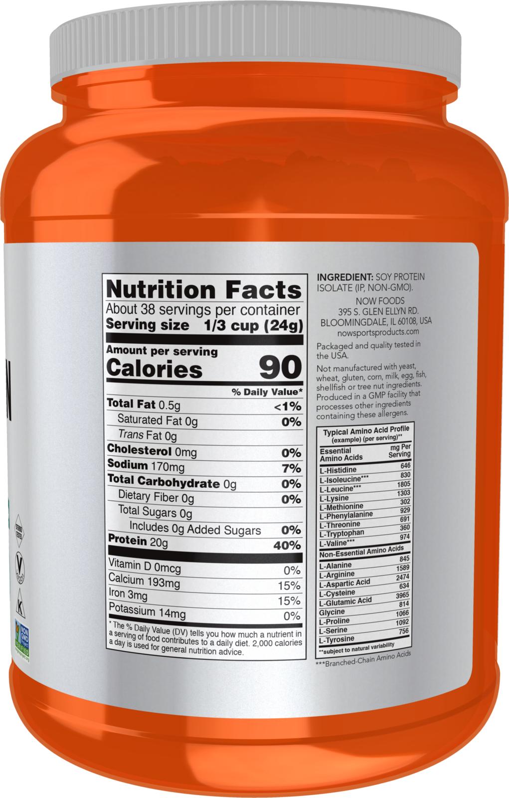 NOW Sports, Soy Protein Isolate 20g, Unflavored Powder, 2 lbs