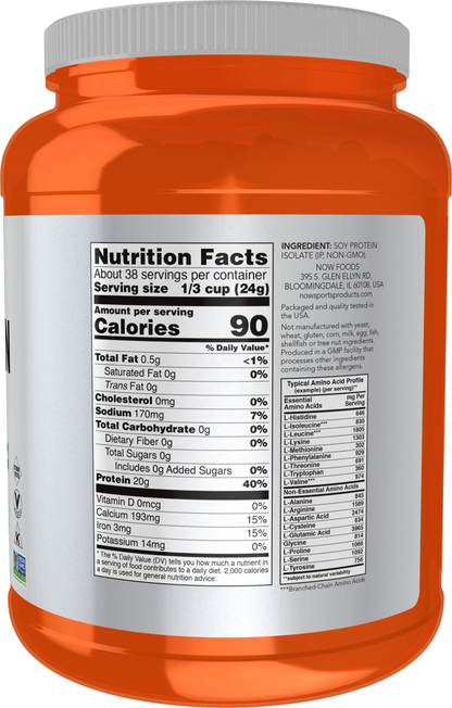 NOW Sports, Soy Protein Isolate 20g, Unflavored Powder, 2 lbs