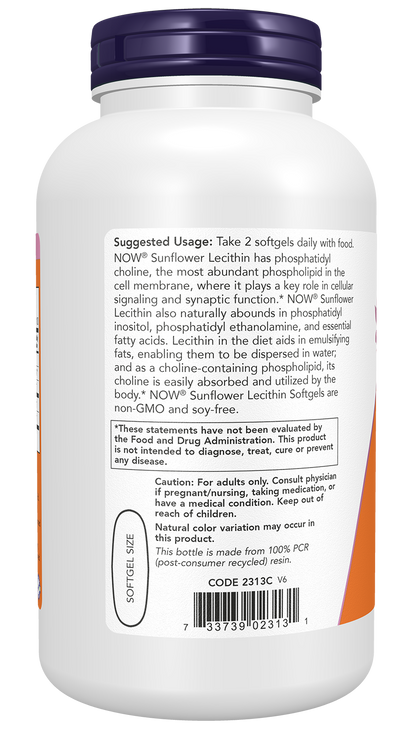 NOW Supplements, Sunflower Lecithin, Phosphatidyl Choline, 200 Softgels