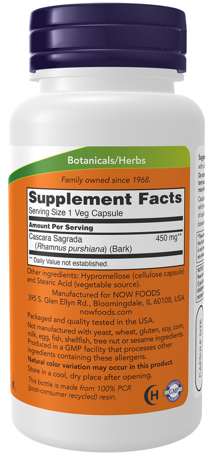 NOW Supplements, Cascara Sagrada 450 mg, Herbal Regularity*, 100 Veg Caps