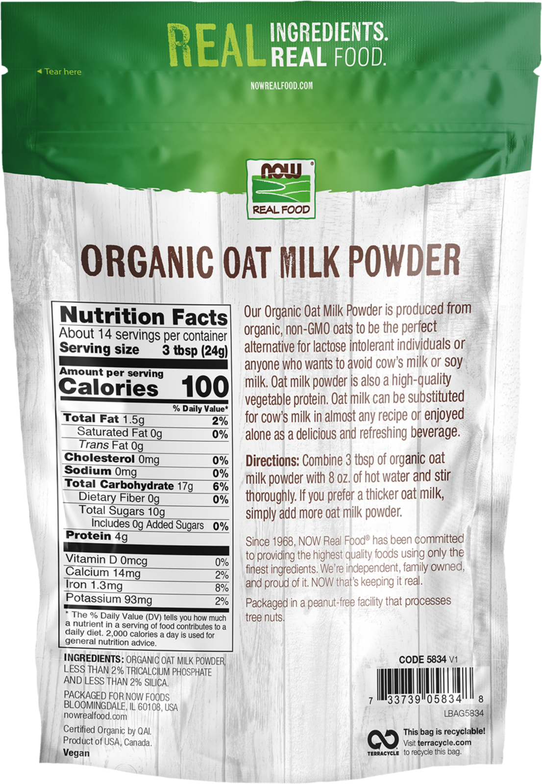 NOW Foods, Organic Oat Milk Powder, Dairy and Soy Free , 12 oz
