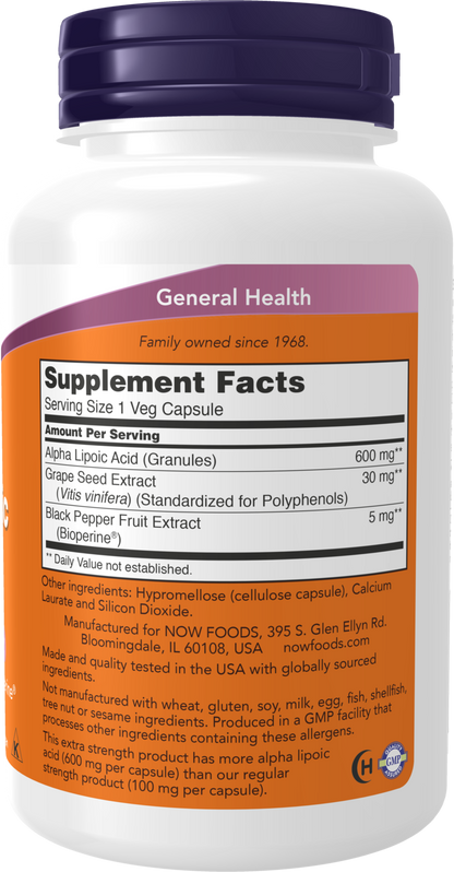 NOW Supplements, Alpha Lipoic Acid 600 mg, Extra Strength, 120 Veg Caps