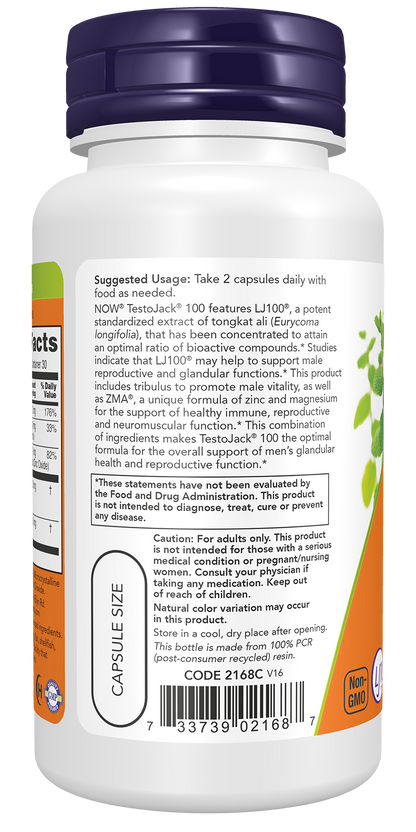 NOW Supplements, TestoJack™ 100 with LJ100®, Tongkat Ali, 60 Veg Caps