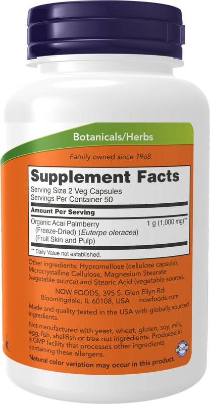 NOW Supplements, Acai 500 mg, Freeze-Dried Super Fruit, 100 Veg Caps