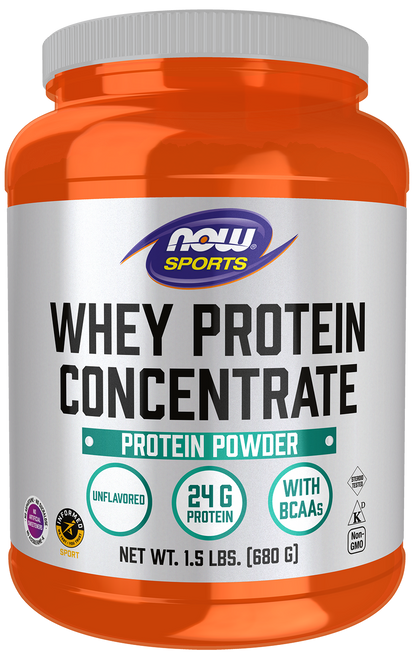 NOW Sports, Whey Protein Concentrate 24 g, Unflavored Powder, 1.5 lbs