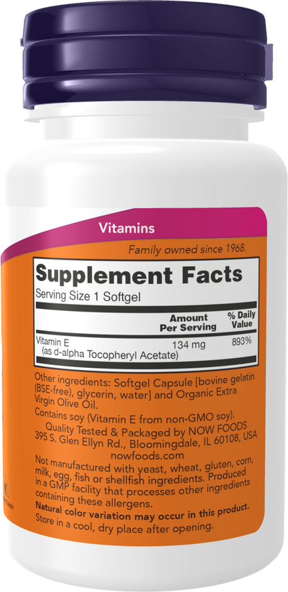 NOW Supplements, Vitamin E-200 IU, D-Alpha Tocopheryl, 100 Softgels