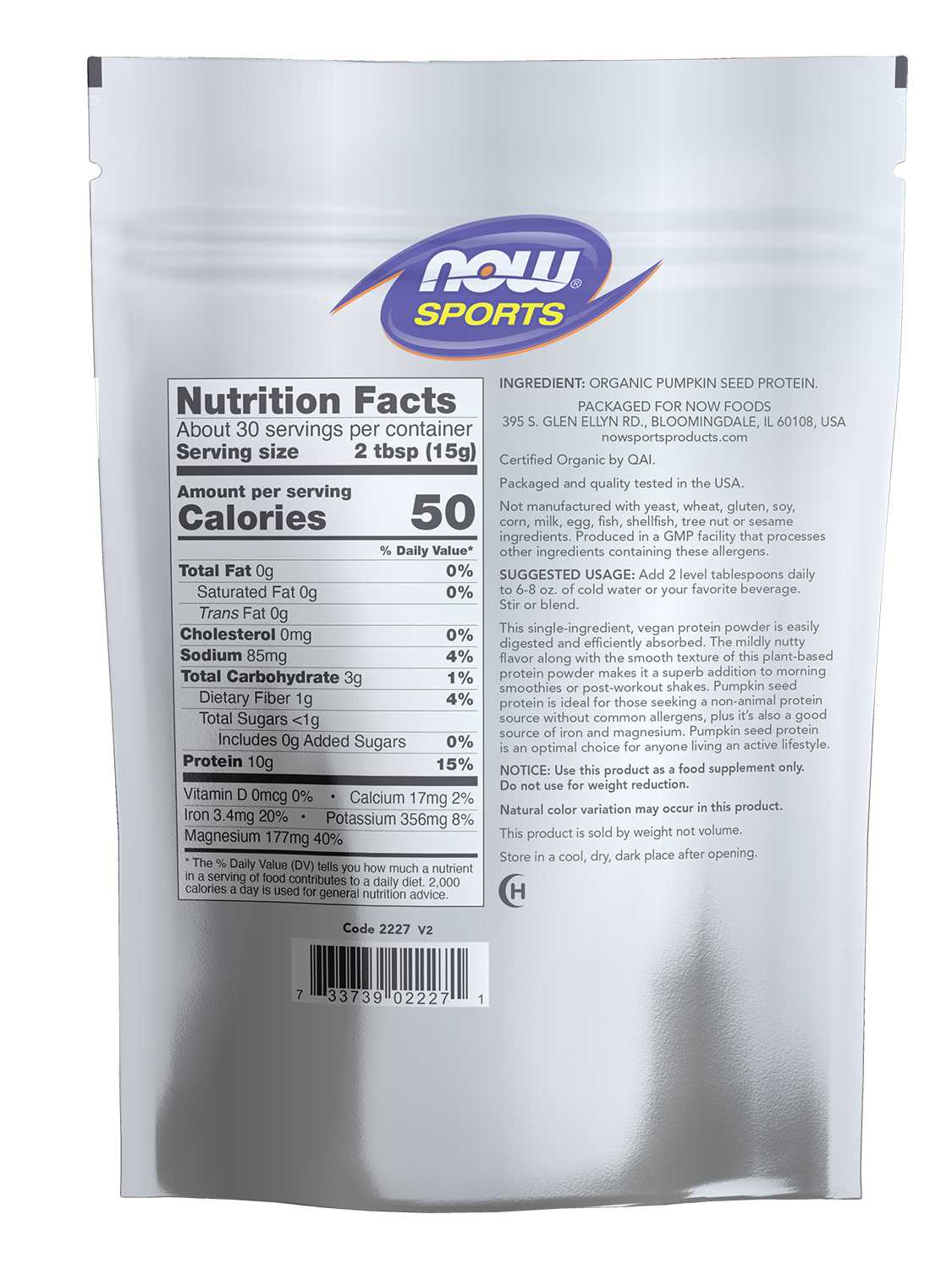 NOW Sports, Organic Pumpkin Seed Protein 10 g, Powder, Unflavored, 1 lb
