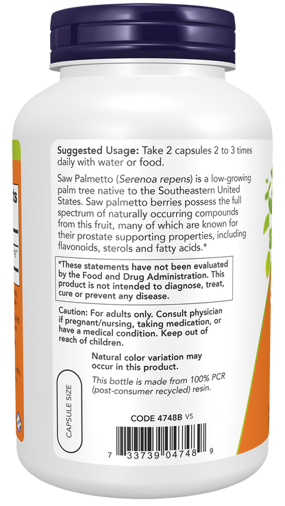 NOW Supplements, Saw Palmetto Berries 550 mg, Men's Health*, 250 Veg Caps