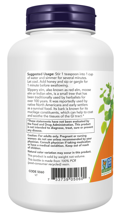 NOW Supplements, Slippery Elm Powder (Ulmus rubra), Herbal Supplement, 4-oz