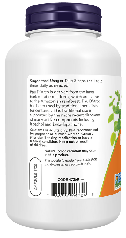 NOW Supplements, Pau D'Arco (Tabebuia heptaphylla) 500 mg, Herbal Support, 250 Veg Capsules