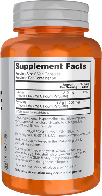 NOW Sports, Pyruvate 600 mg, Energy Production*, 100 Veg Caps