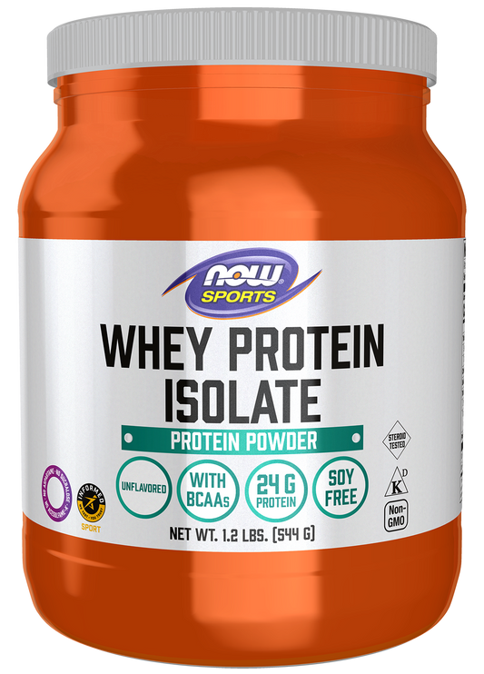 NOW Sports, Whey Protein Isolate 24 g With BCAAs, Unflavored Powder, 1.2 lb