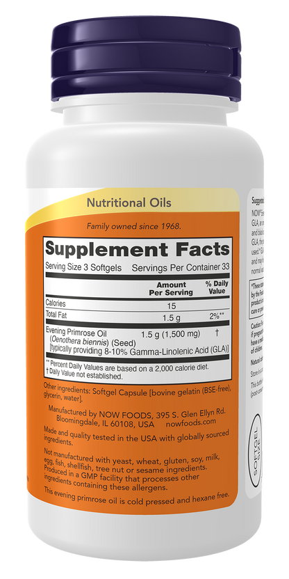 NOW Supplements, Evening Primrose Oil 500 mg with GLA, 100 Softgels