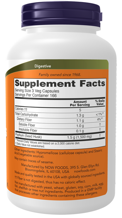 NOW Supplements, Psyllium Husk Caps 500mg, Intestinal Health*, 500 Veg Caps