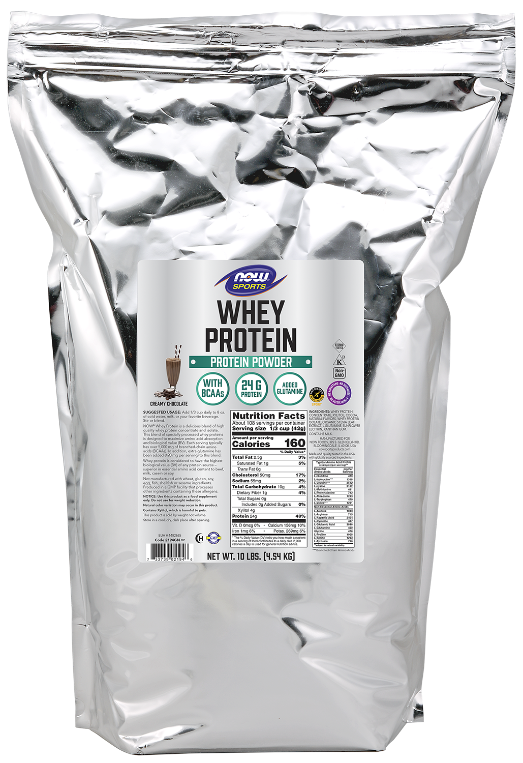 NOW Sports, Whey Protein 24 g With BCAAs, Creamy Chocolate Flavor, 10 lbs
