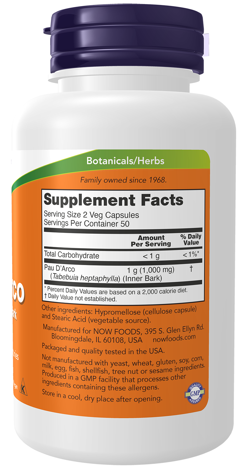 NOW Supplements, Pau D'Arco 500 mg, Herbal Support, 100 Veg Caps
