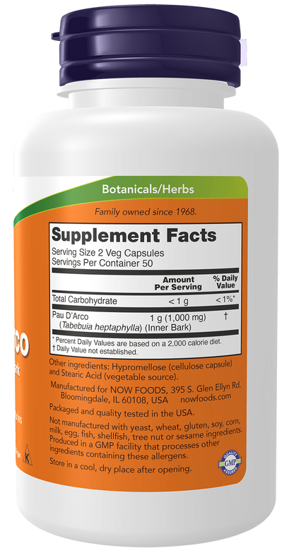 NOW Supplements, Pau D'Arco 500 mg, Herbal Support, 100 Veg Caps