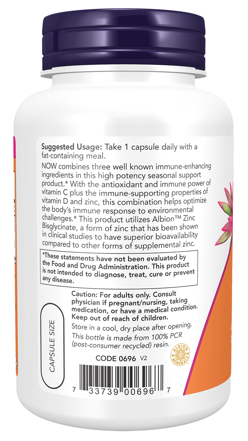NOW Supplements, C-1000 Zinc & D-3, Seasonal Immune Support*, 100 Veg Caps