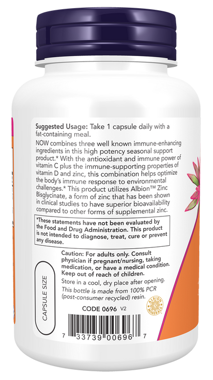 NOW Supplements, C-1000 Zinc & D-3, Seasonal Immune Support*, 100 Veg Caps