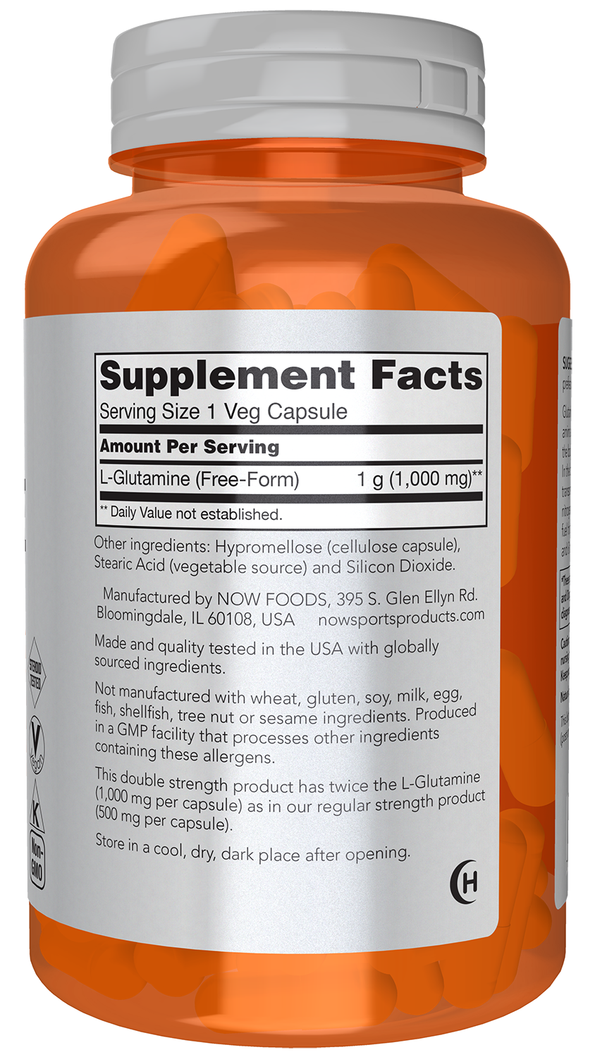 NOW Sports, L-Glutamine 1,000 mg, Double Strength, Amino Acid, 120 Veg Caps