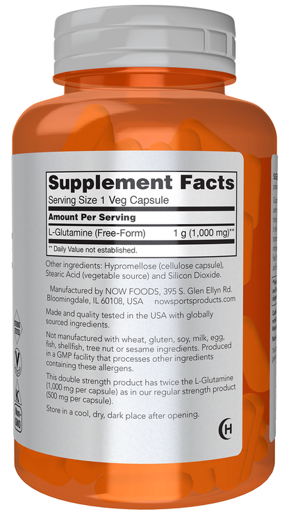 NOW Sports, L-Glutamine 1,000 mg, Double Strength, Amino Acid, 120 Veg Caps