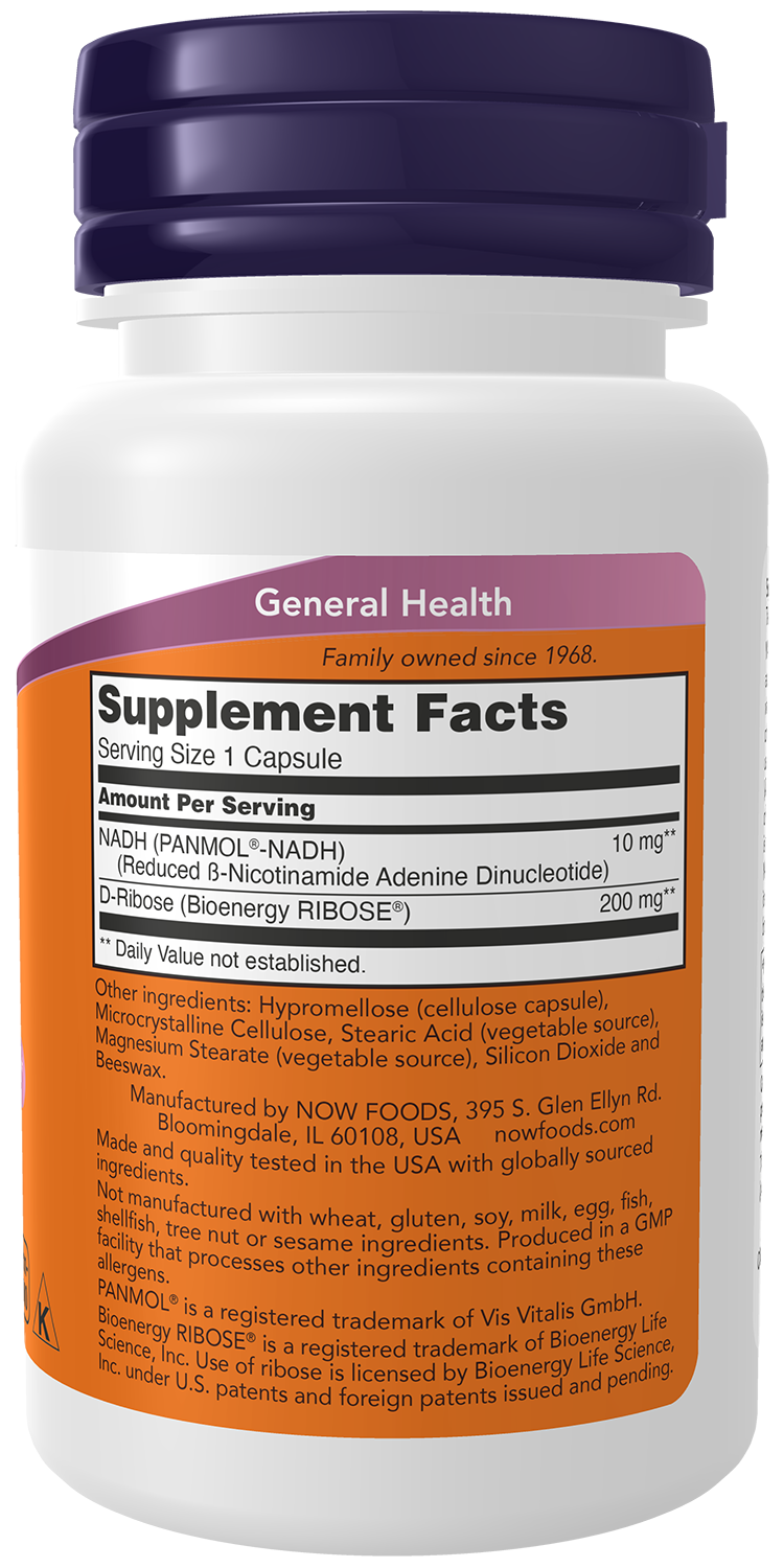 NOW Supplements, NADH 10 mg with 200 mg D-Ribose, 60 Veg Caps