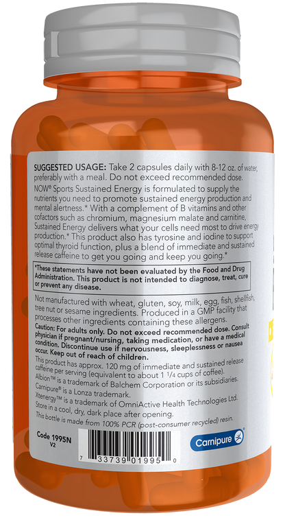 NOW Sports, Sustained Energy, Sustained Release Caffeine, 90 Veg Caps