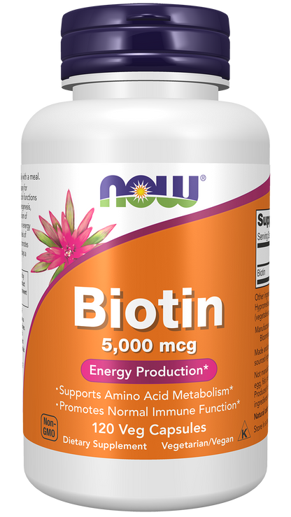 NOW Supplements, Biotin 5,000 mcg, Amino Acid Metabolism*, 120 Veg Caps