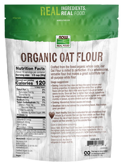 NOW Foods, Organic Oat Flour, Whole Grain, Good Source of Fiber, 20 oz