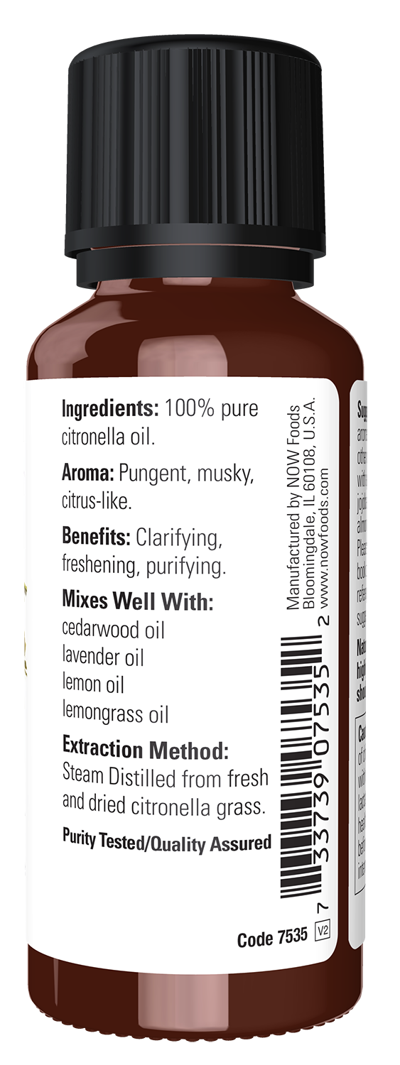 NOW Essential Oils, Citronella Oil, Undiluted, Steam Distilled, 1 fl. oz