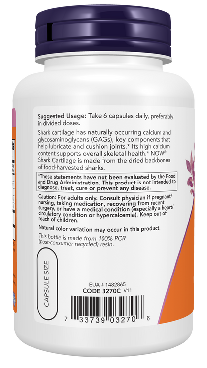 NOW Supplements, Shark Cartilage 750 mg with Naturally occurring Mucopolysaccharides and Calcium, 100 Capsules