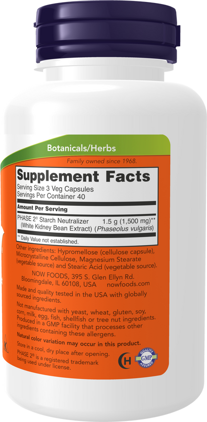 NOW Supplements, Phase 2® (White Kidney Bean Extract) 500 mg, 120 Veg Caps