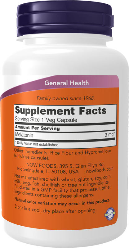 NOW Supplements, Melatonin 3 mg, Healthy Sleep Cycle*, 180 Veg Caps