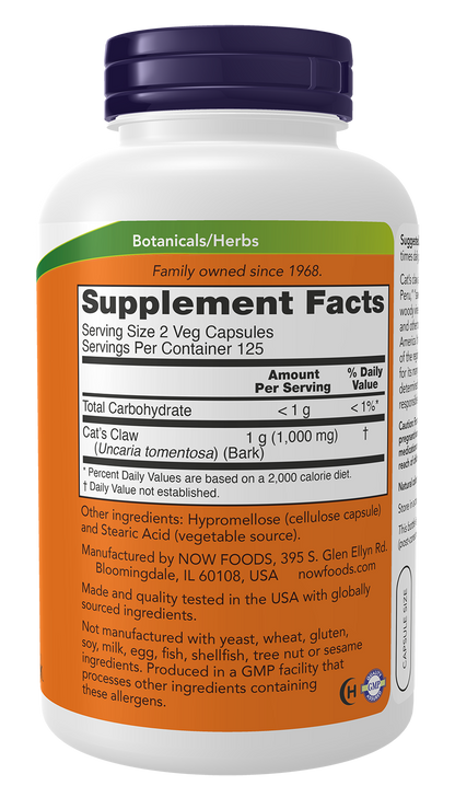 NOW Supplements, Cat's Claw  500 mg, Herbal Supplement, 250 Veg Caps