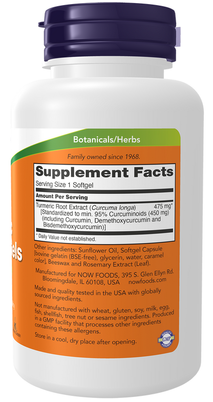NOW Supplements, Tumeric Curcumin Gels, With 95% Curcuminoids, 60 Softgels