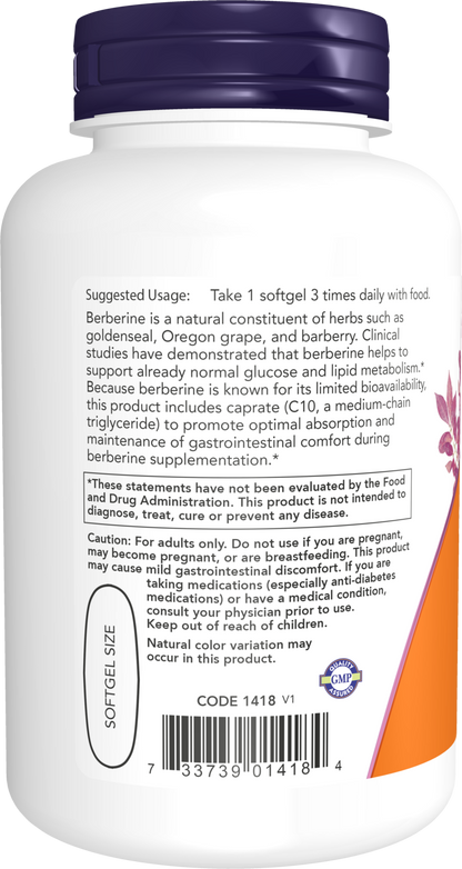 NOW Supplements, Berberine Glucose Support, With MCT Oil, 90 Softgels