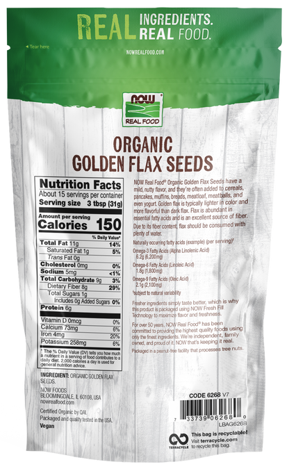 NOW Foods, Organic Golden Flax Seeds, Excellent Source of Fiber, 16 oz