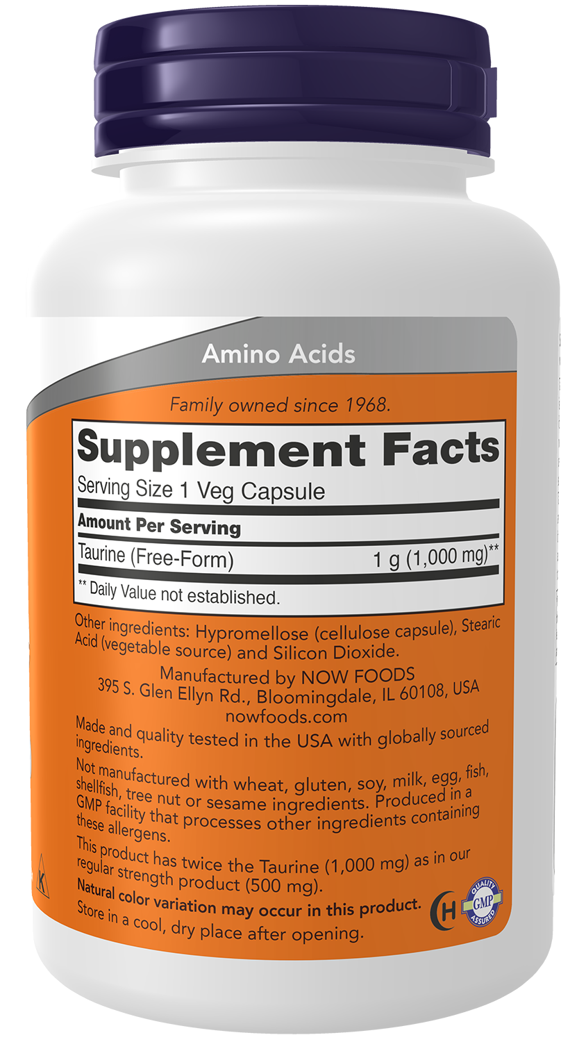 NOW Supplements, Taurine 1,000 mg, Double Strength, 100 Veg Caps