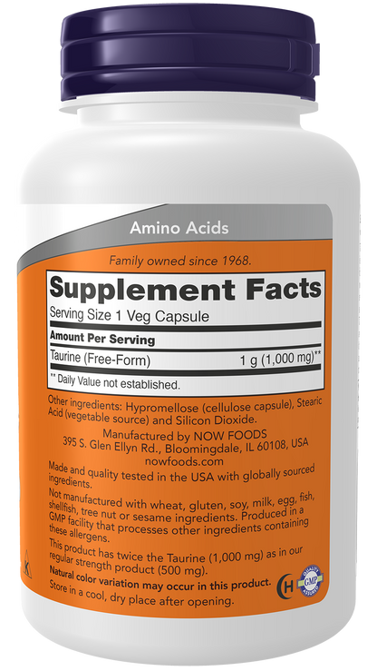 NOW Supplements, Taurine 1,000 mg, Double Strength, 100 Veg Caps