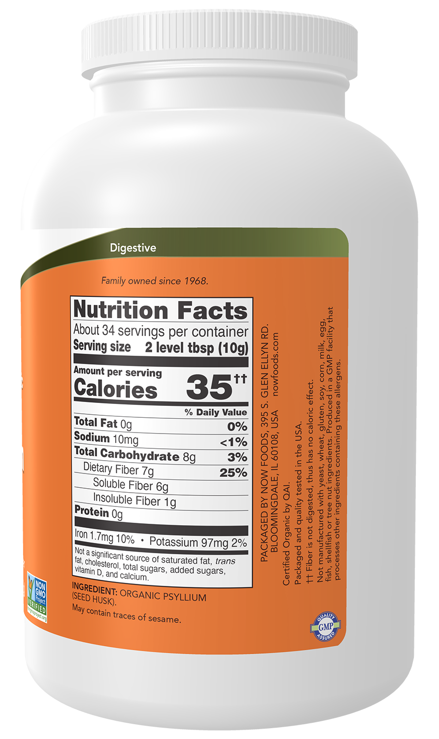 NOW Supplements, Whole Psyllium Husks, Organic, Soluble Fiber, 12 oz