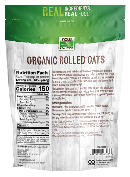 NOW Foods, Organic Rolled Oats, Whole Grain, Good Source of Fiber, 24 oz